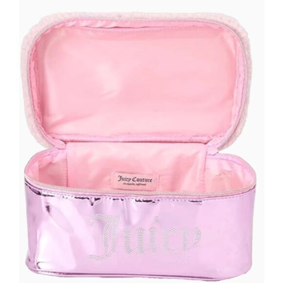 Juicy Couture Pink Rhinestone Sherpa Juicy Logo Train Case Makeup Travel Bag NWT - Picture 2 of 3